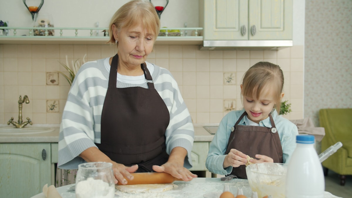 Family cooking together in kitchen